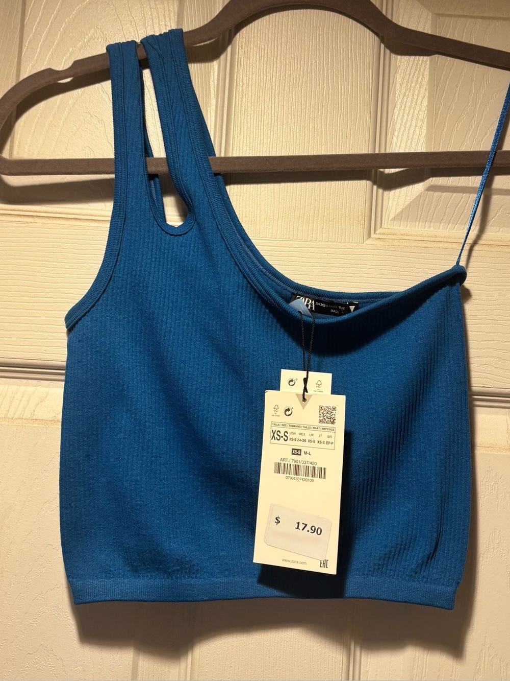 ZARA Teal-Blue Ribbed One-Shoulder Crop Top